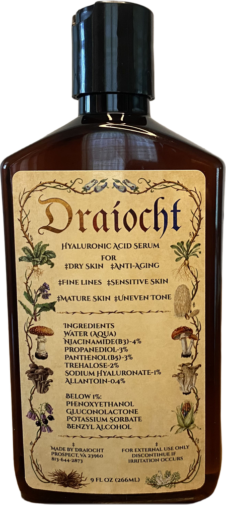 Draíocht Hyaluronic Acid Serum, 9 fl oz amber bottle with its illustrated label