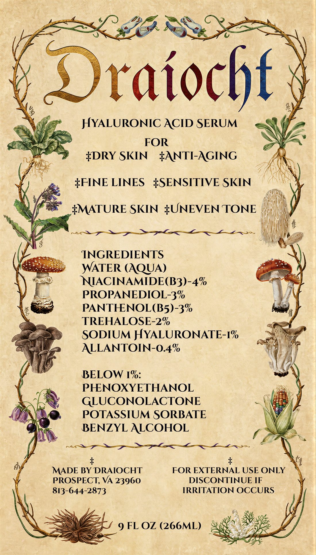 The full Draíocht label: ingredients with percentages, skin types, and Made in Prospect, VA